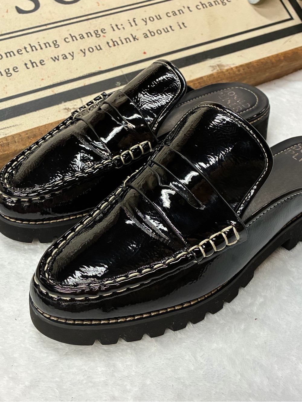 Donald Pliner Phillie Black Patent Penny Loafer Mules Lug Sole